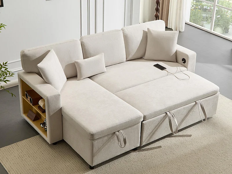 Bank 215x133x85 cm - met USB-poort - met opbergruimte - met slaapfunctie - Beige