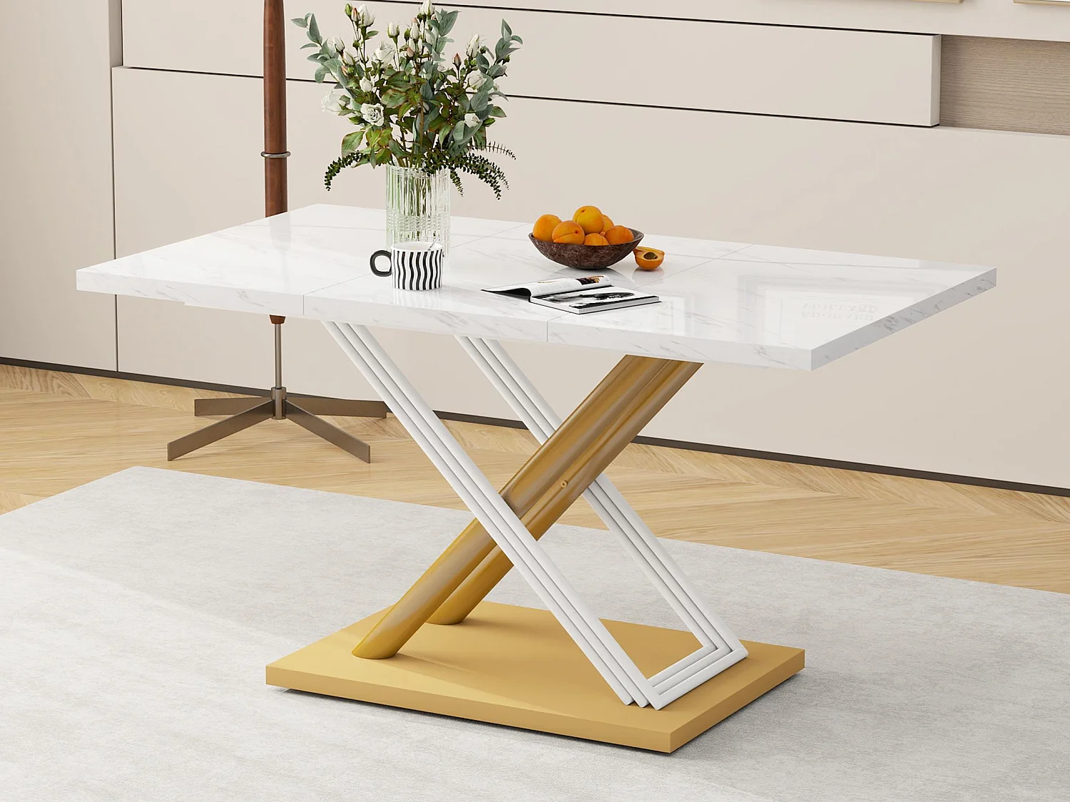 Table à manger 4 places - en MDF & Métal - plateau effet marbre - Blanc