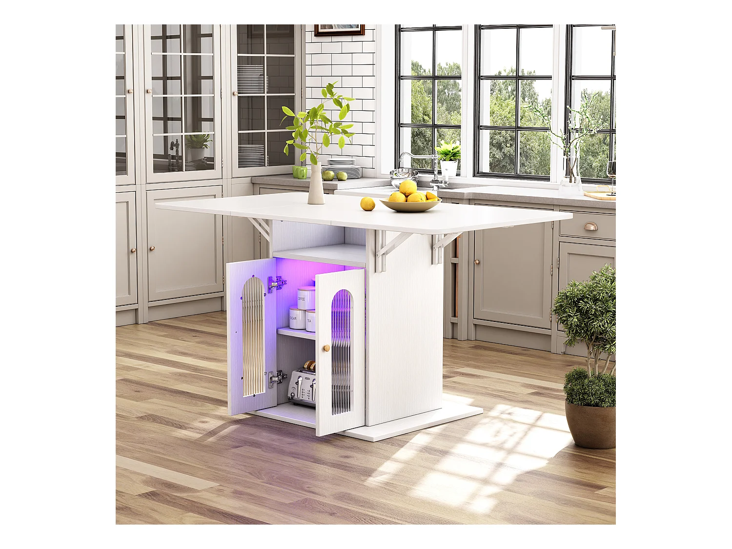 Table à manger escamotable - avec LED - en MDF - avec rangements - Blanc