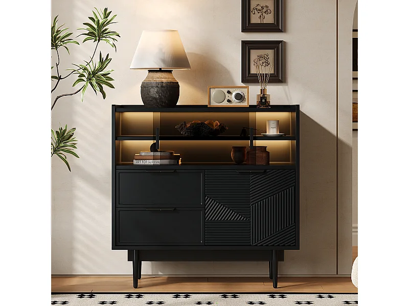 Buffet in MDF met LED - 1 deur, 2 lades en 2 open vakken - Zwart