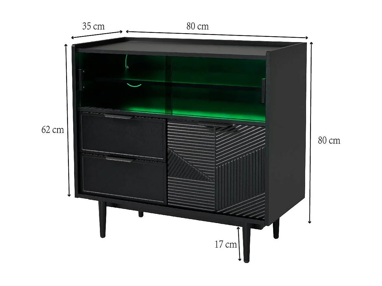 Buffet en MDF avec LED - 1 porte, 2 tiroirs et 2 compartiments ouverts - Noir