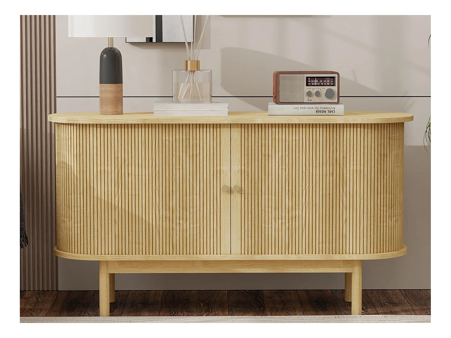 Buffet 138x43x75cm - avec 2 portes coulissantes - pieds en pin - avec étagères réglables - naturel clair