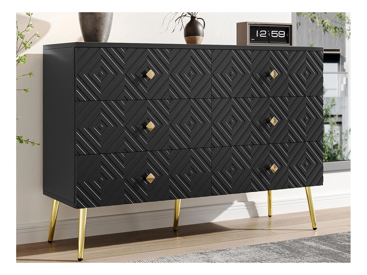 Moderner Buffet 120x40x80 cm - mit 6 Schubladen - Spanplatte - Schwarz