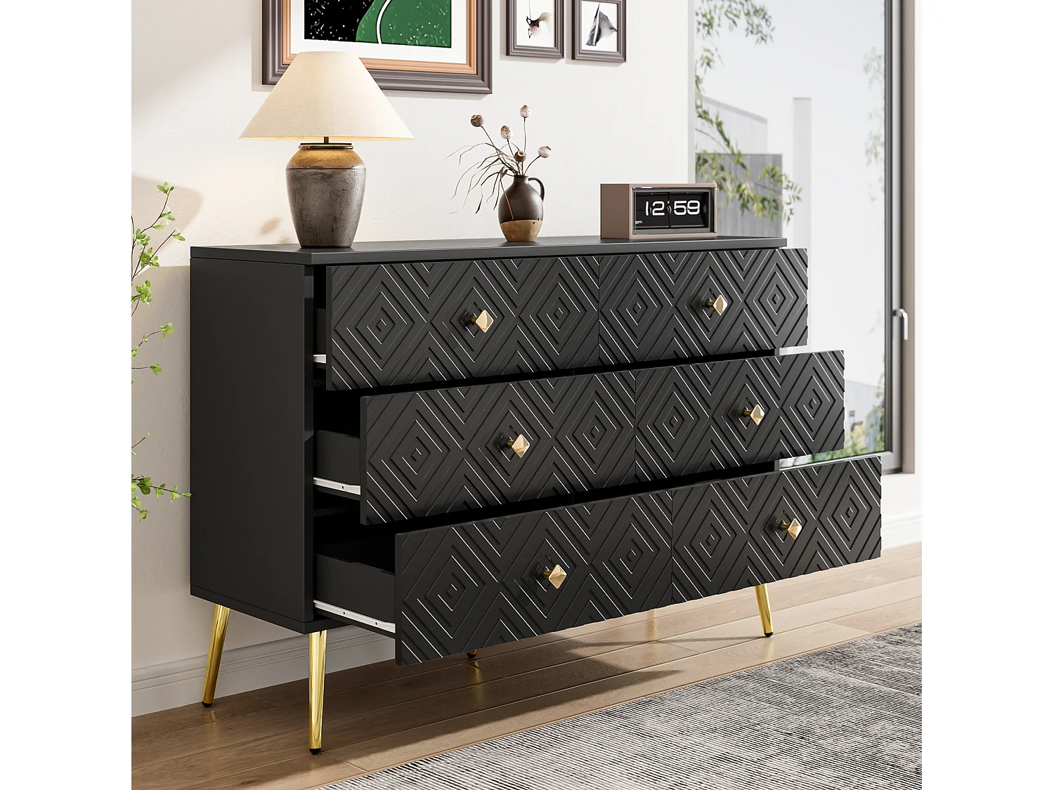 Buffet moderne 120x40x80 cm - avec 6 tiroirs - aggloméré - noir