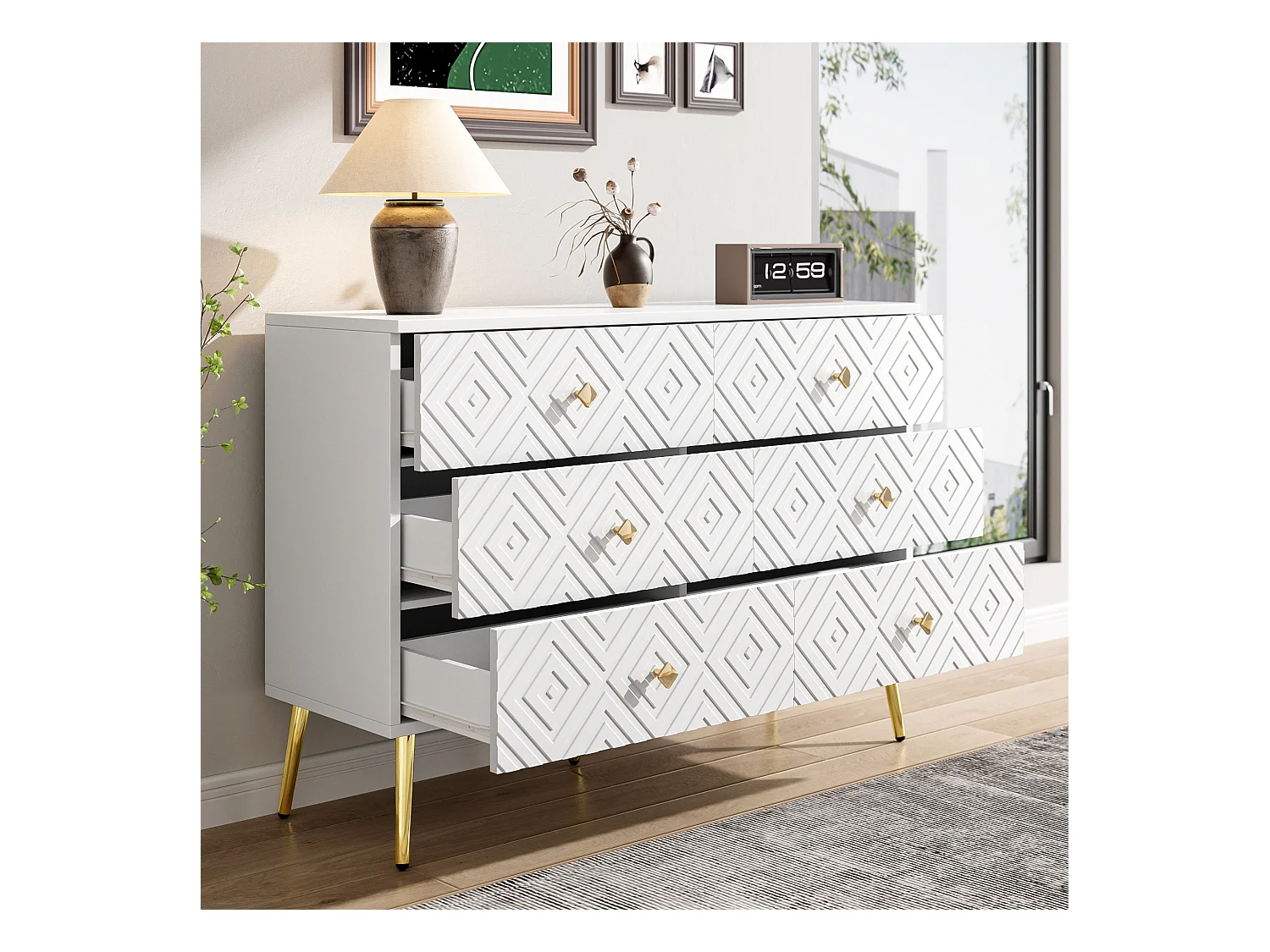 Moderner Buffet 120x40x80 cm - mit 6 Schubladen - Spanplatte - weiß