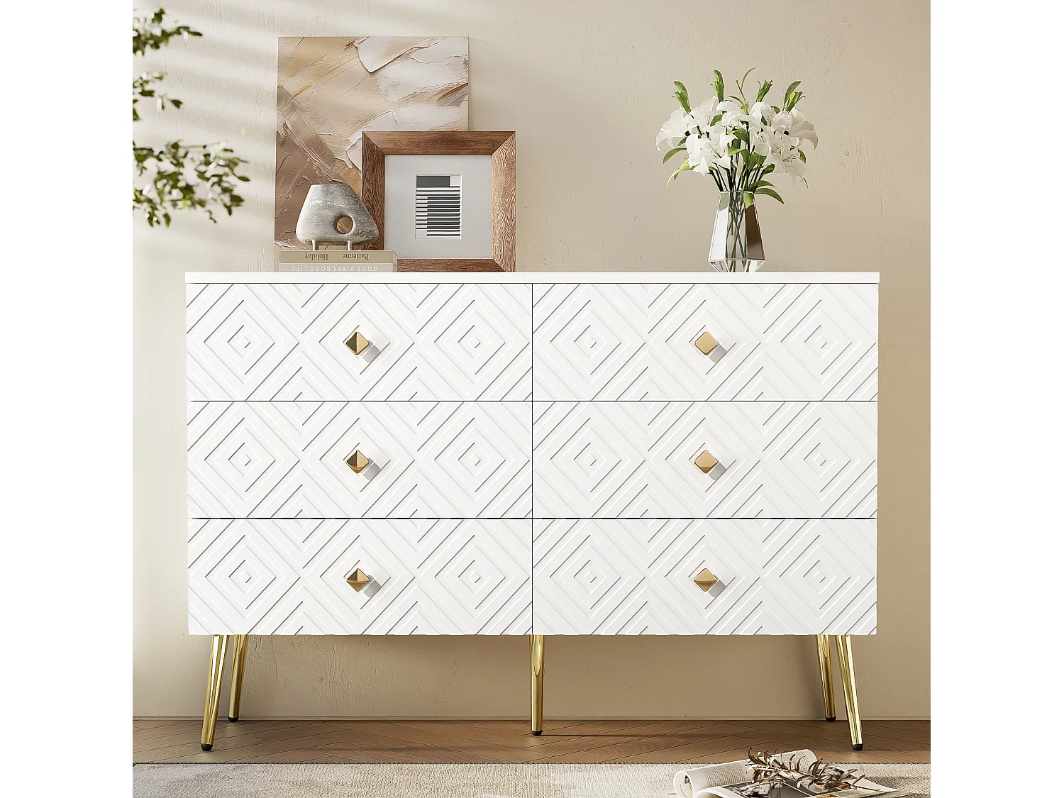 Buffet moderne 120x40x80 cm - avec 6 tiroirs - aggloméré - blanc