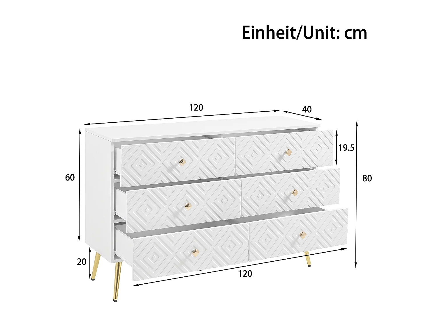 Buffet moderne 120x40x80 cm - avec 6 tiroirs - aggloméré - blanc