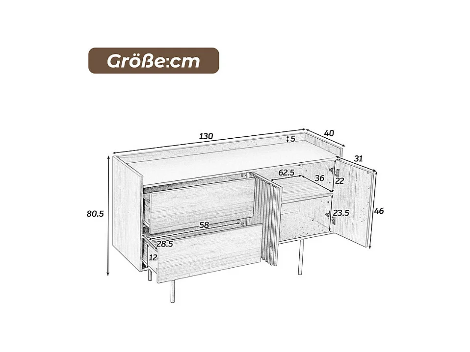Moderne buffet 130x40x80,5 cm - met 2 lades - met 2 deuren - verstelbare planken - natuurlijk + zwart