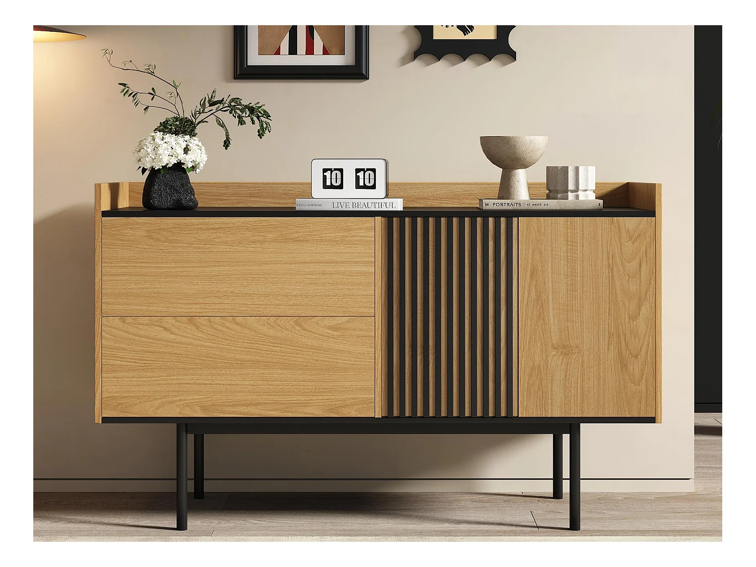 Buffet moderne 130x40x80.5cm - avec 2 tiroirs - avec 2 portes - étagères réglables - naturel + noir