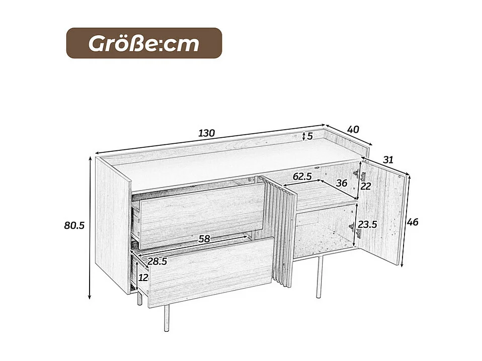 Buffet moderne 130x40x80.5cm - avec 2 tiroirs - avec 2 portes - étagères réglables - naturel + noir