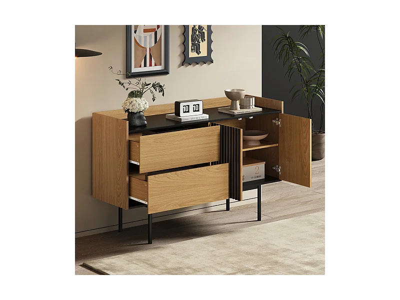 Buffet moderne 130x40x80.5cm - avec 2 tiroirs - avec 2 portes - étagères réglables - naturel + noir