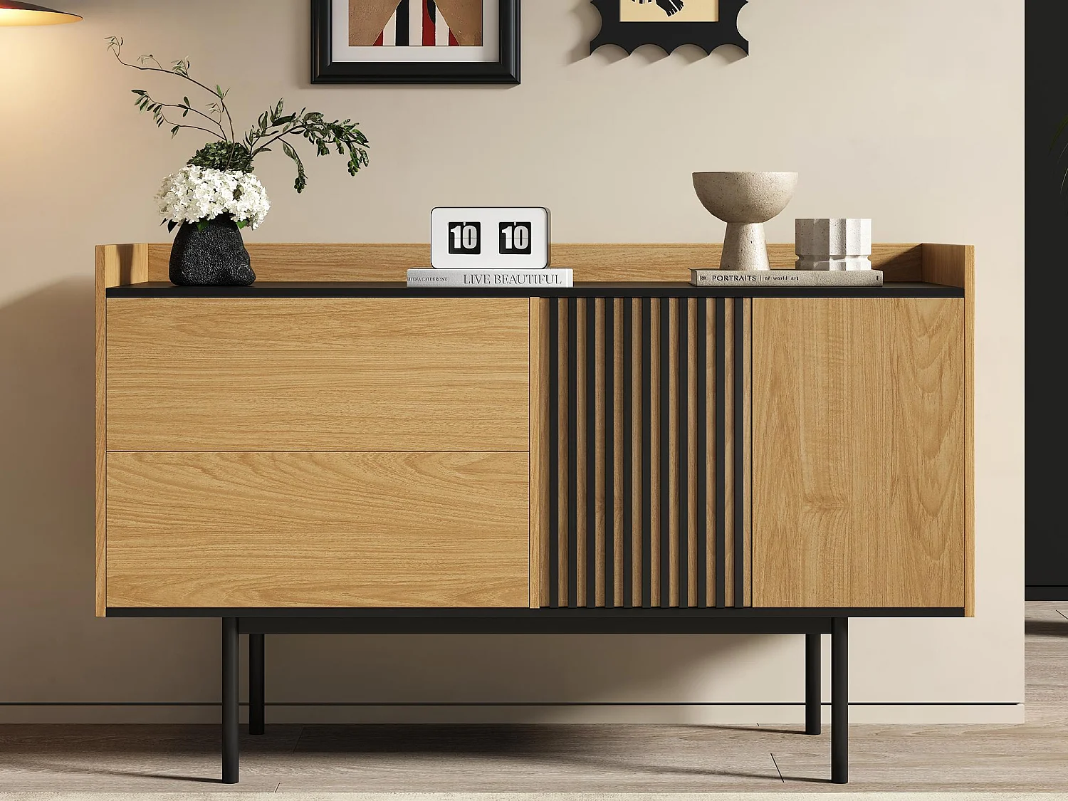 Modernes Buffet 130x40x80,5 cm - mit 2 Schubladen - mit 2 Türen - verstellbare Regale - natürlich + schwarz