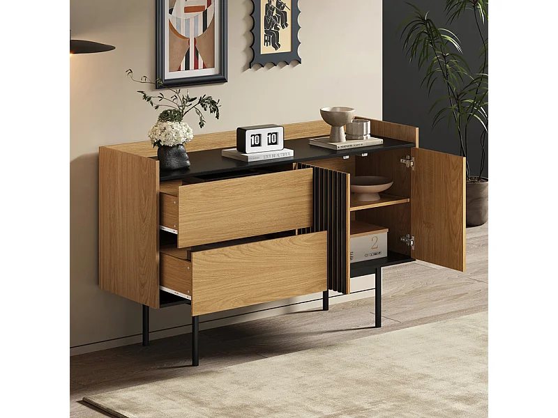 Modernes Buffet 130x40x80,5 cm - mit 2 Schubladen - mit 2 Türen - verstellbare Regale - natürlich + schwarz