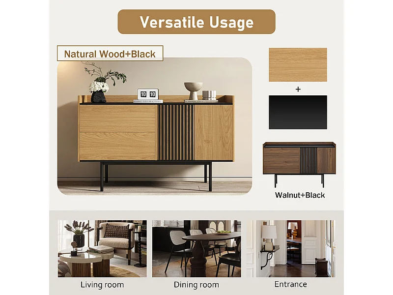 Modernes Buffet 130x40x80,5 cm - mit 2 Schubladen - mit 2 Türen - verstellbare Regale - natürlich + schwarz