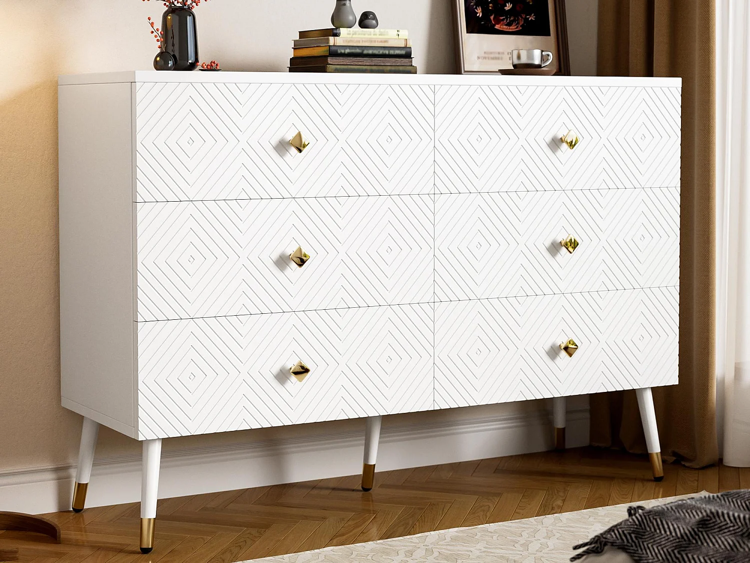 Buffet moderne 120x40x80 cm - avec 6 tiroirs - Panneau de particules - blanc