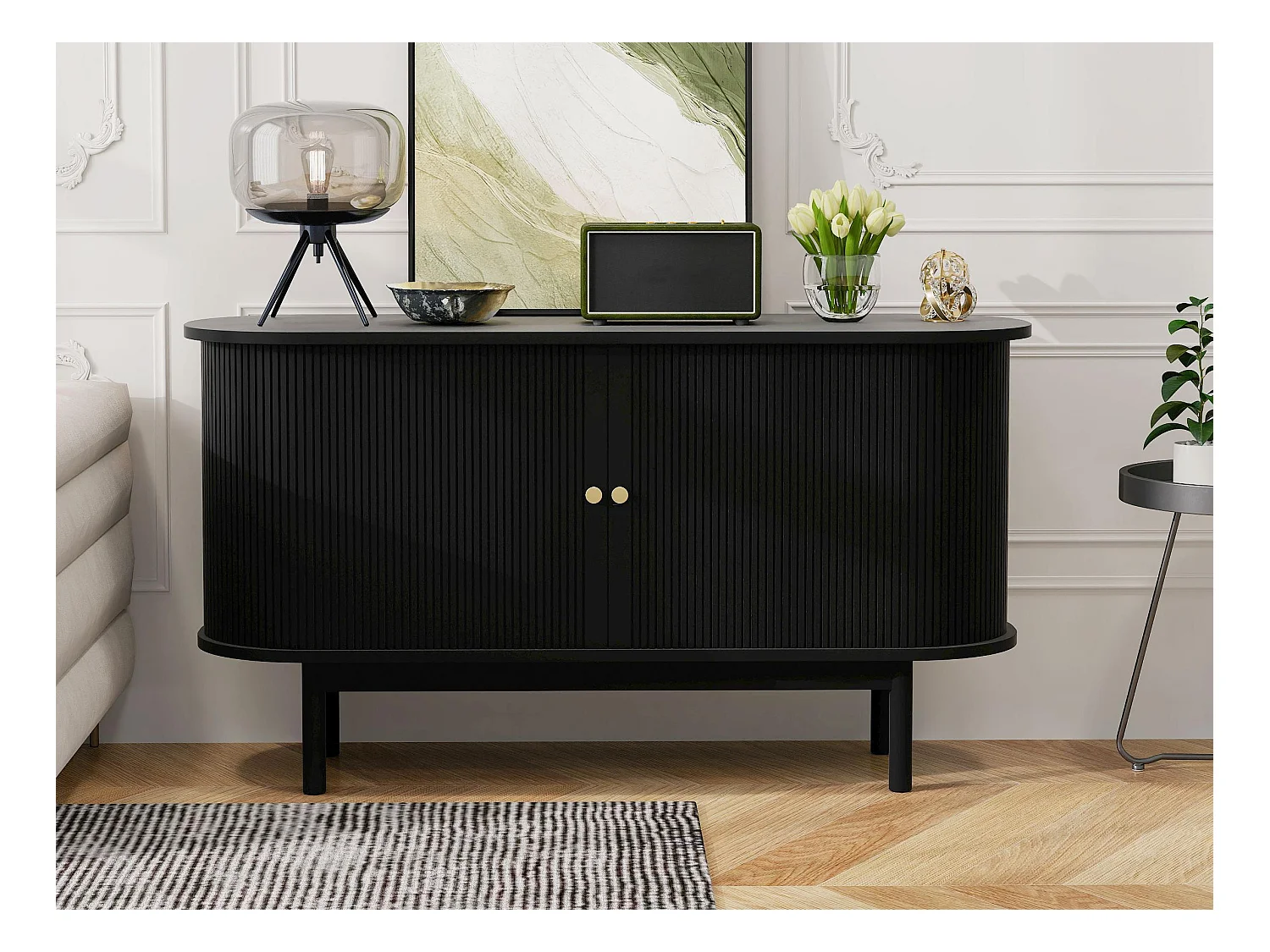 Buffet 138x43x75cm - avec 2 portes coulissantes - pieds en pin - avec étagères réglables - noir