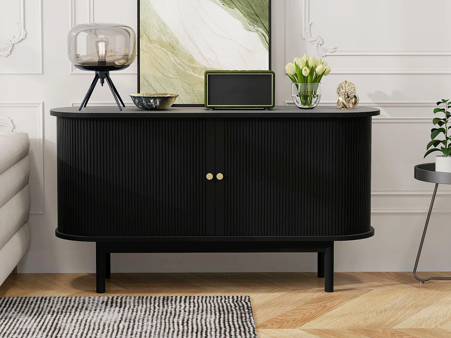 Buffet 138x43x75 cm - met 2 schuifdeuren - poten van dennenhout - met verstelbare planken - zwart