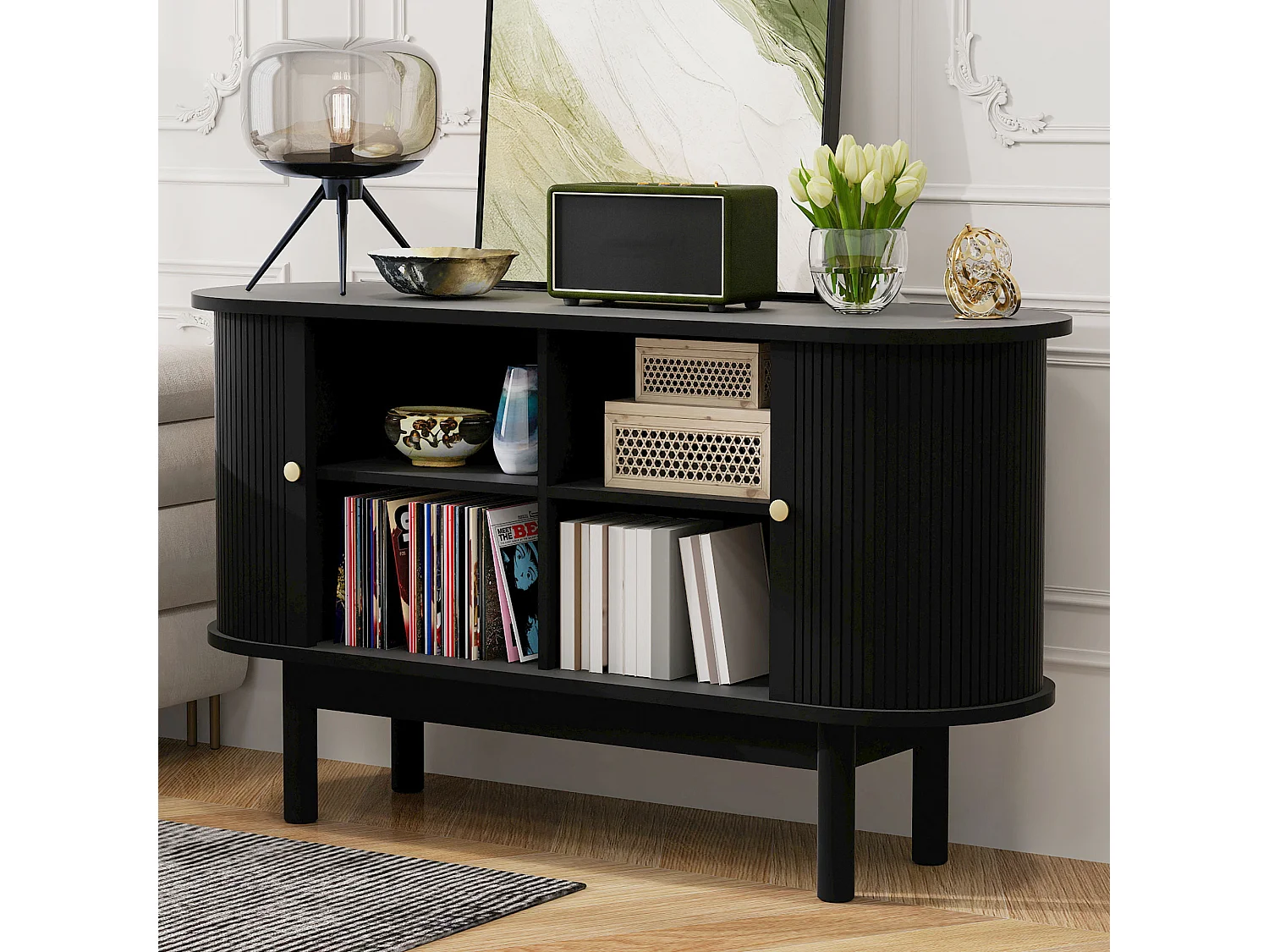 Buffet 138x43x75 cm - met 2 schuifdeuren - poten van dennenhout - met verstelbare planken - zwart