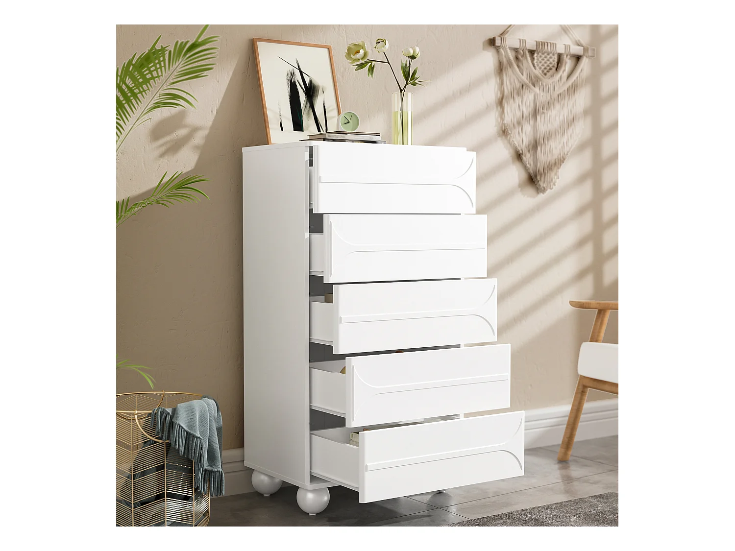 Komoda 60x40x109cm - z 5 szufladami - Duża przestrzeń do przechowywania - Płyta wiórowa - Biała