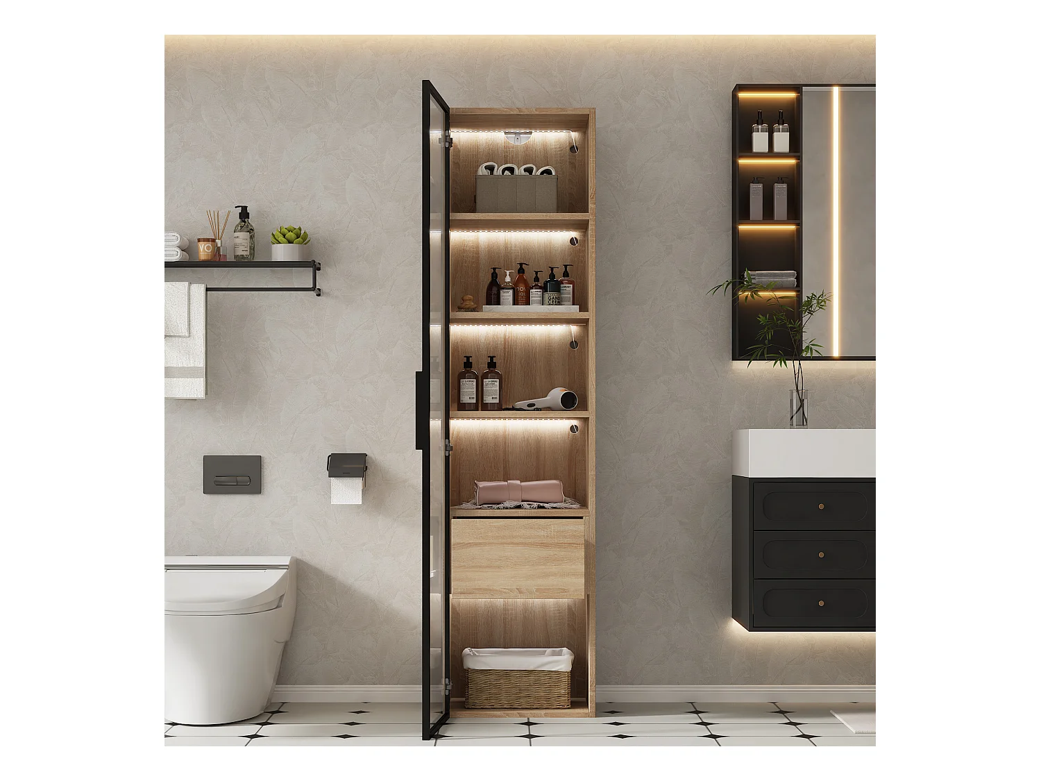 Vitrine、Meuble de salle de bain avec LED - 1 porte vitrées - Naturel