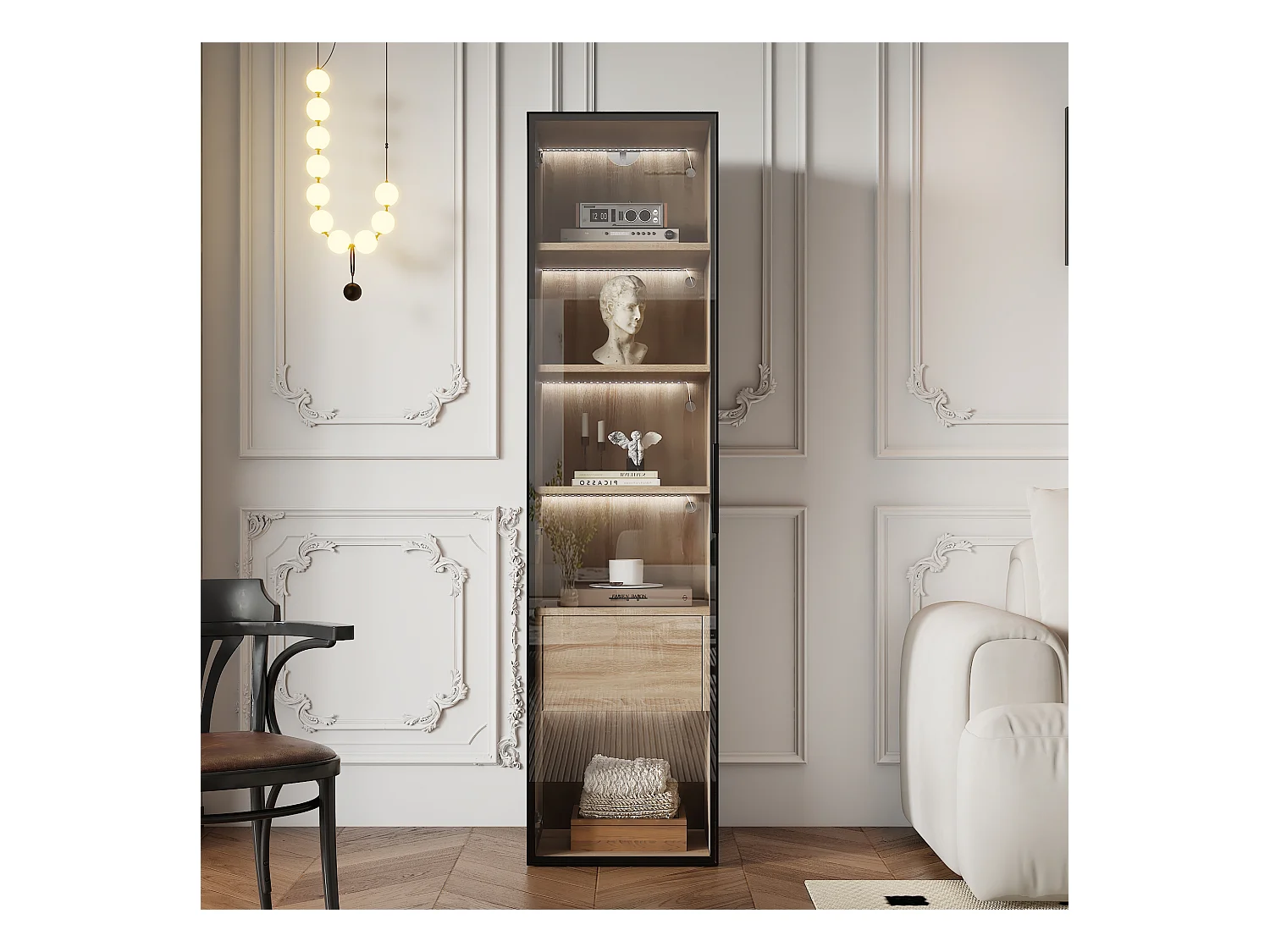 Vitrine、Meuble de salle de bain avec LED - 1 porte vitrées - Naturel