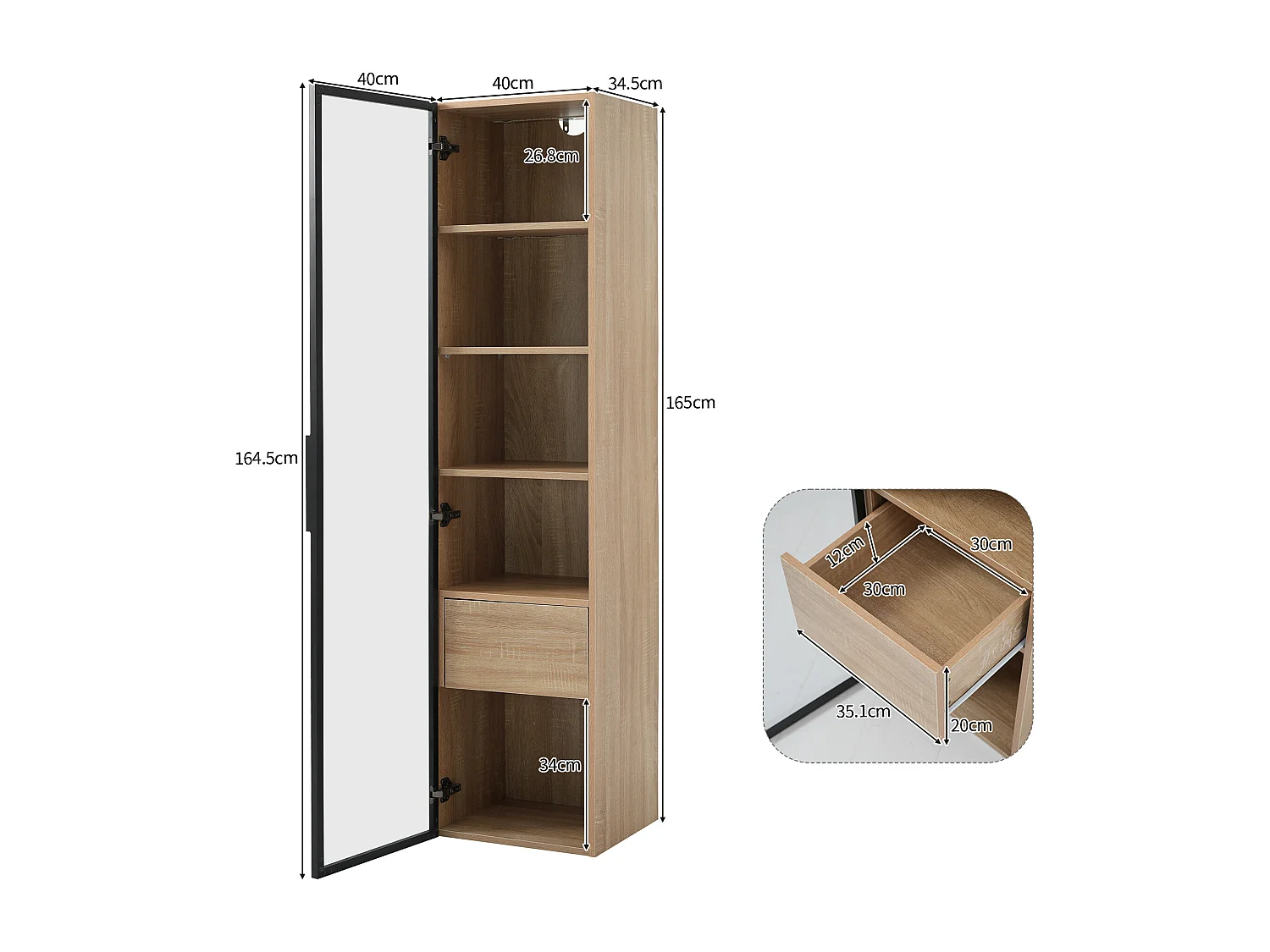 Vitrine, Badezimmermöbel mit LED - 1 Glastür - Natürlich