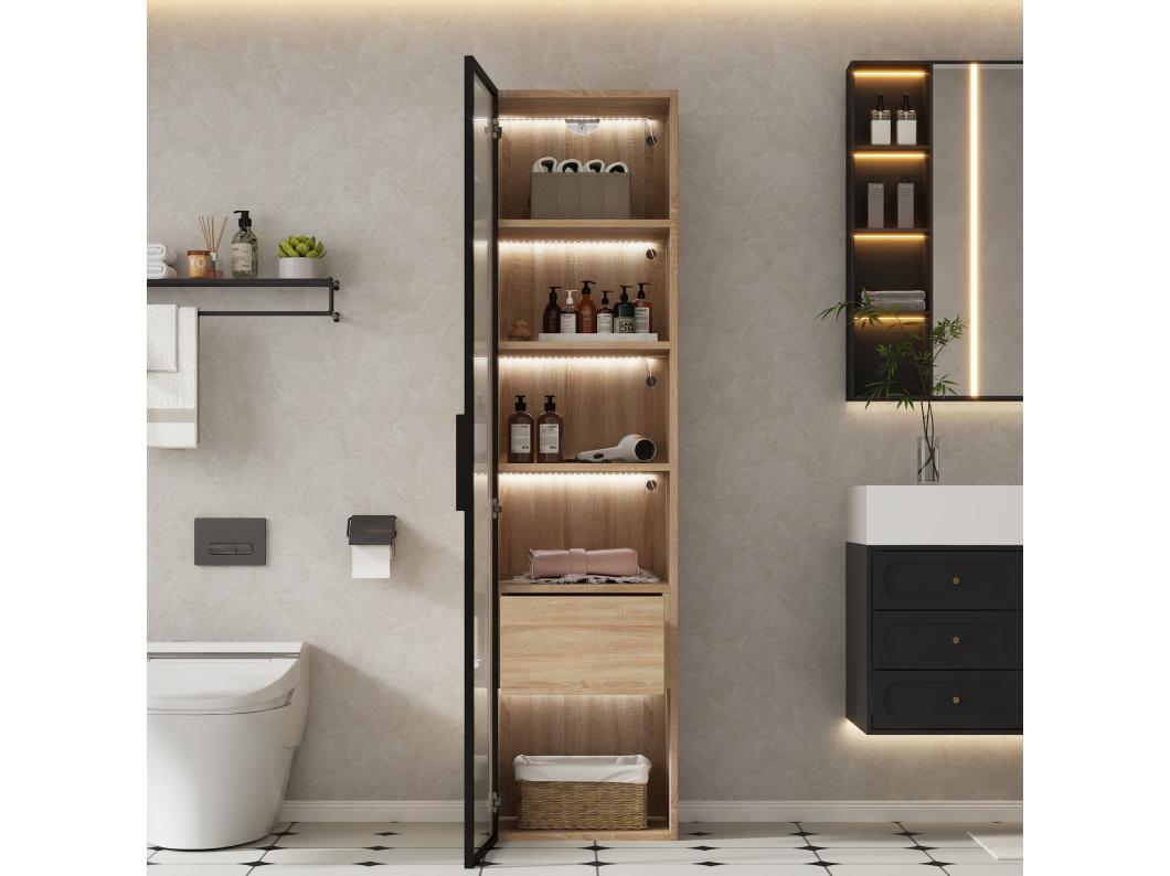 Vitrina, mueble de baño con LED - 1 puerta acristalada - Natural
