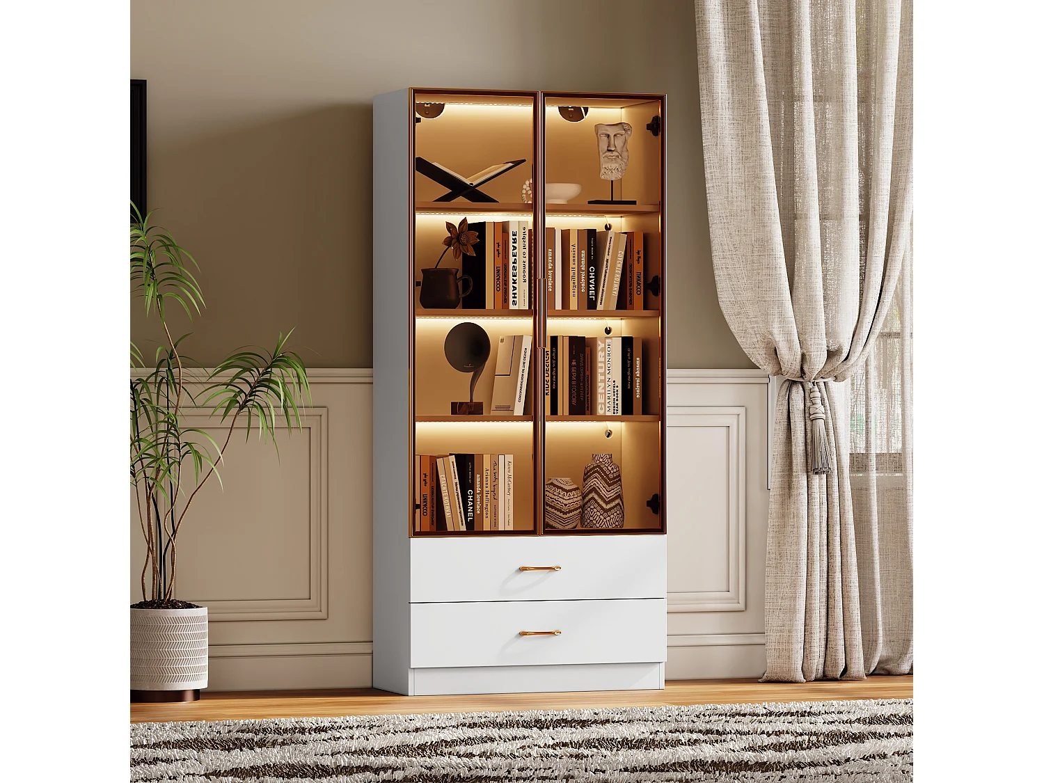 Vitrine、Meuble de salle de bain avec LED - 2 tiroirs et 2 portes vitrées - Blanc