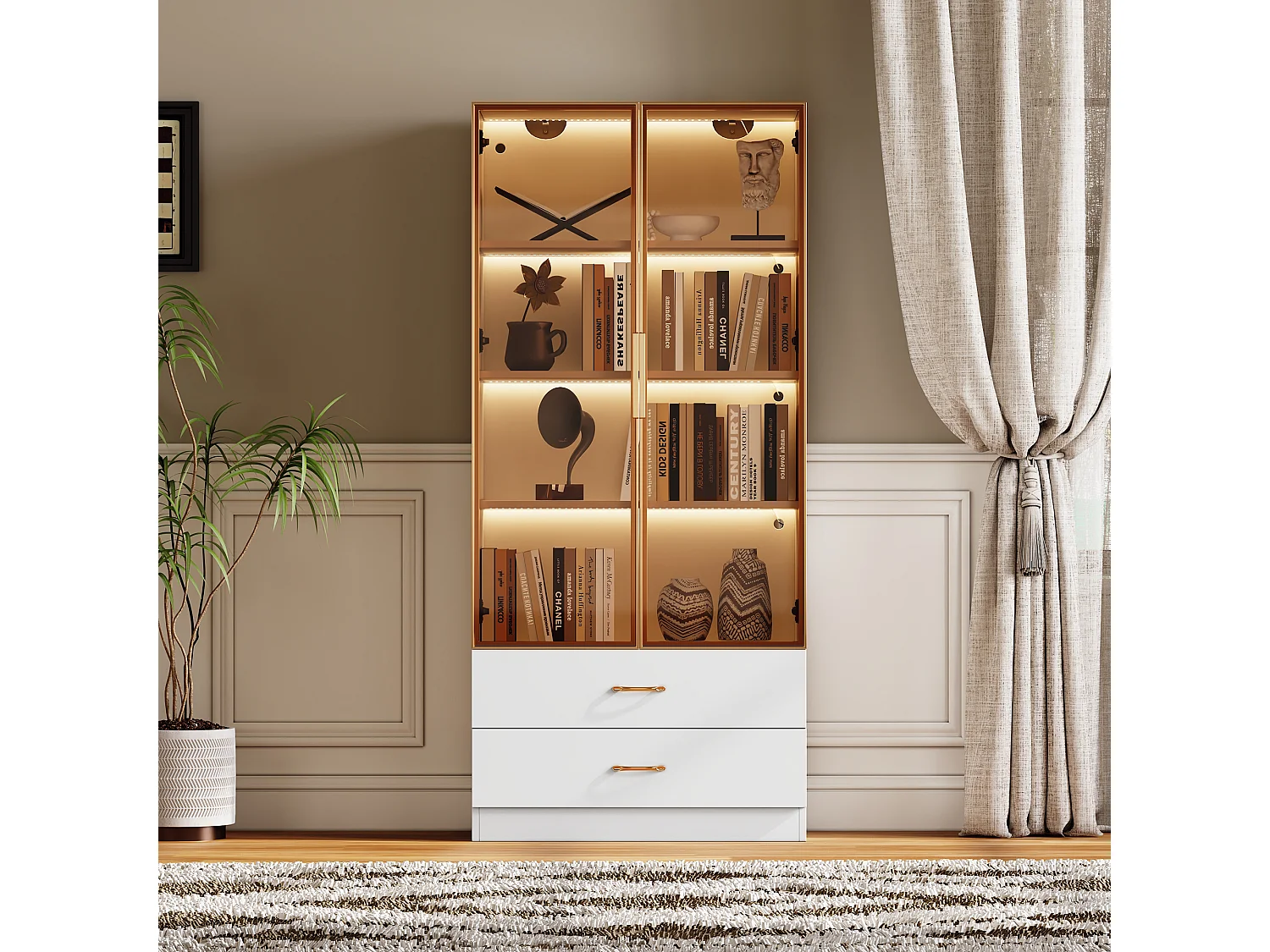 Vitrine、Meuble de salle de bain avec LED - 2 tiroirs et 2 portes vitrées - Blanc