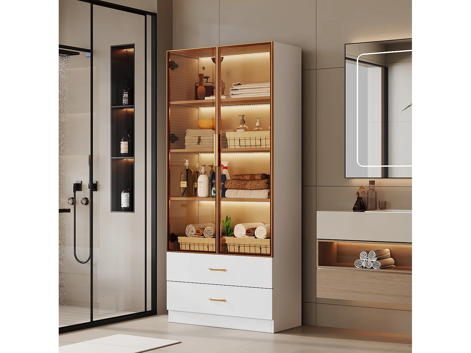 Vitrine、Meuble de salle de bain avec LED - 2 tiroirs et 2 portes vitrées - Blanc