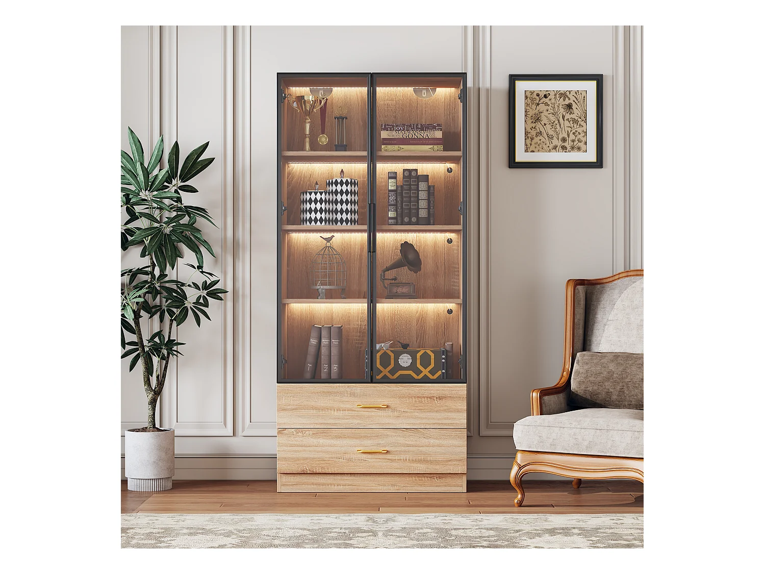 Vitrina, mueble de baño con LED - 2 cajones y 2 puertas acristaladas - Natural