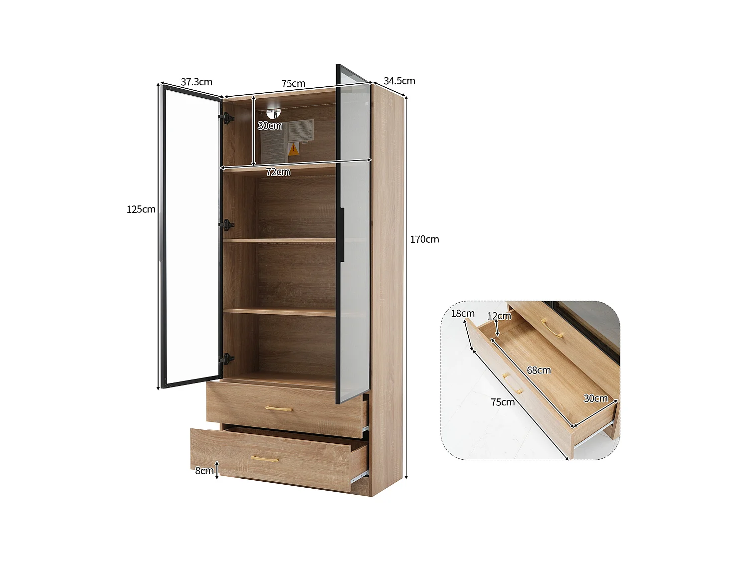 Vitrina, mueble de baño con LED - 2 cajones y 2 puertas acristaladas - Natural