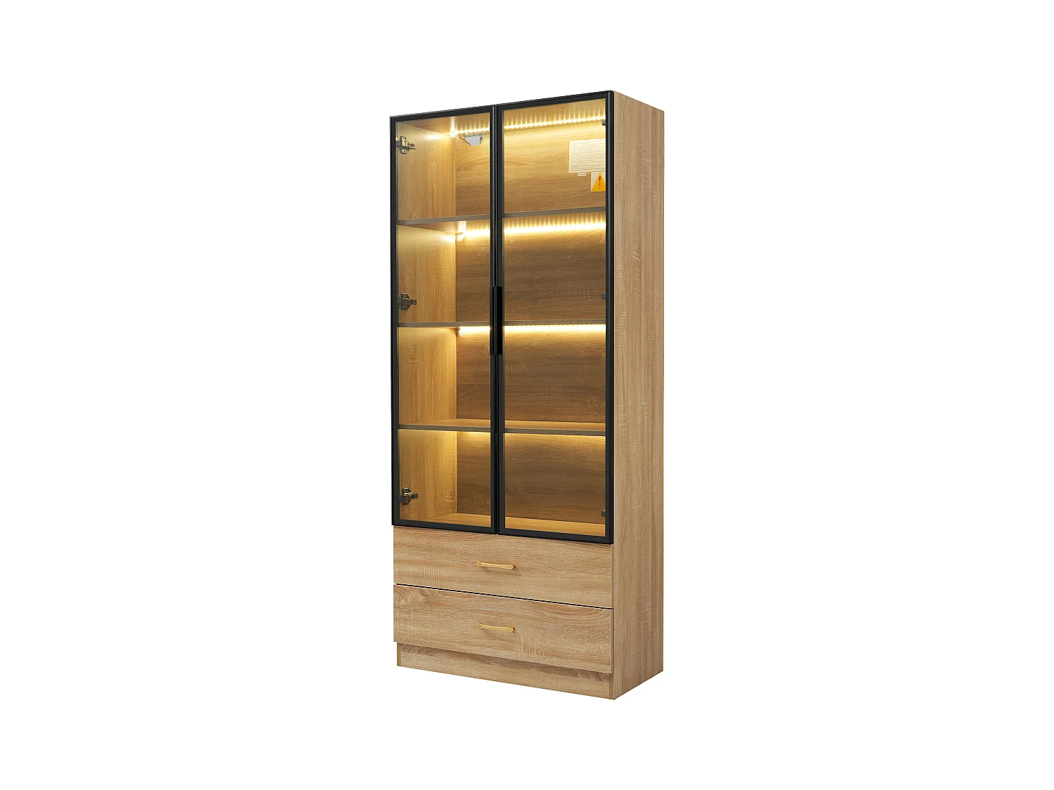 Vitrina, mueble de baño con LED - 2 cajones y 2 puertas acristaladas - Natural