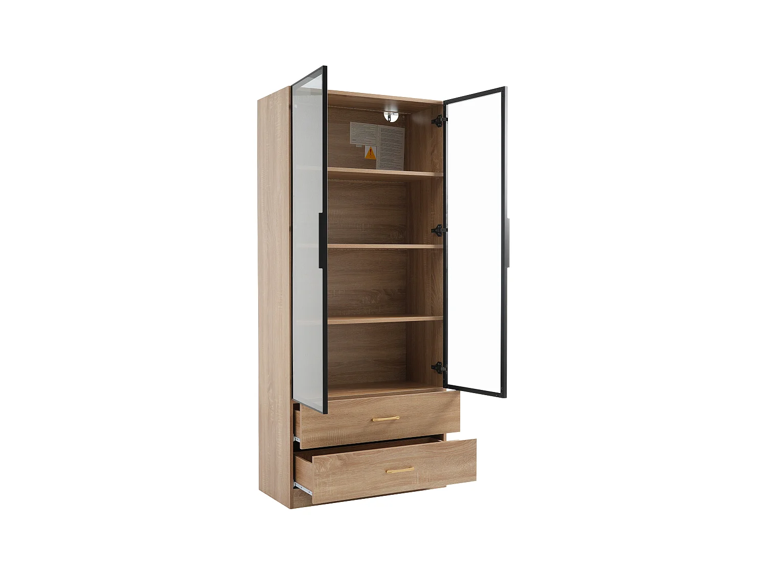 Vitrina, mueble de baño con LED - 2 cajones y 2 puertas acristaladas - Natural