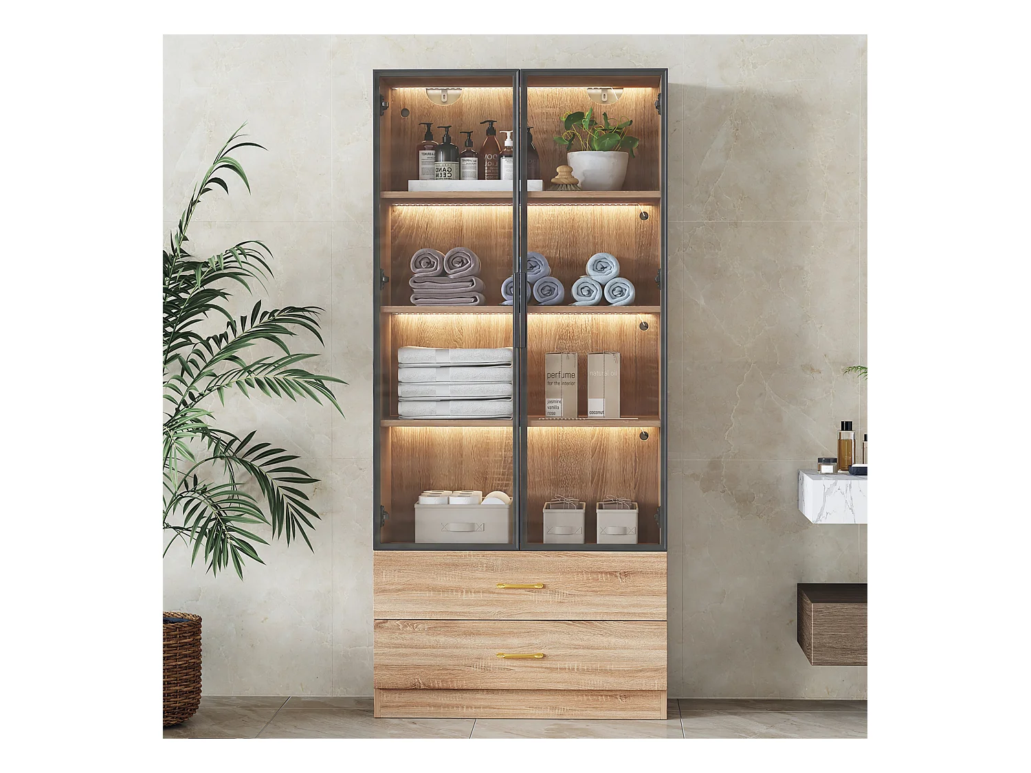 Vitrina, mueble de baño con LED - 2 cajones y 2 puertas acristaladas - Natural