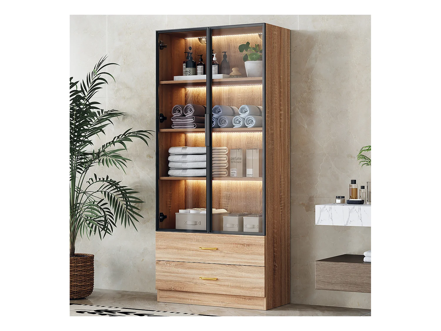 Vitrina, mueble de baño con LED - 2 cajones y 2 puertas acristaladas - Natural