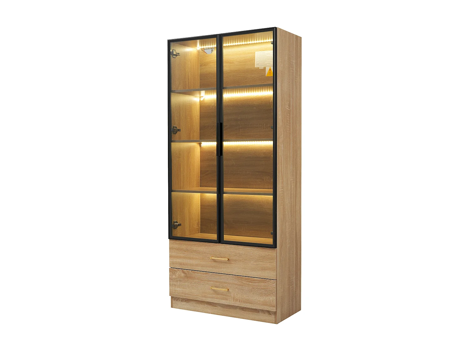 Vitrine、Meuble de salle de bain avec LED - 2 tiroirs et 2 portes vitrées - Naturel