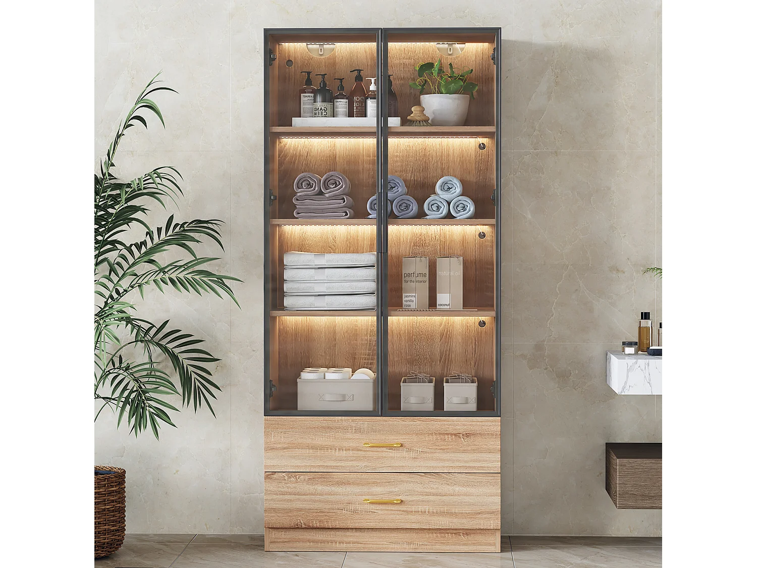 Vitrine、Meuble de salle de bain avec LED - 2 tiroirs et 2 portes vitrées - Naturel