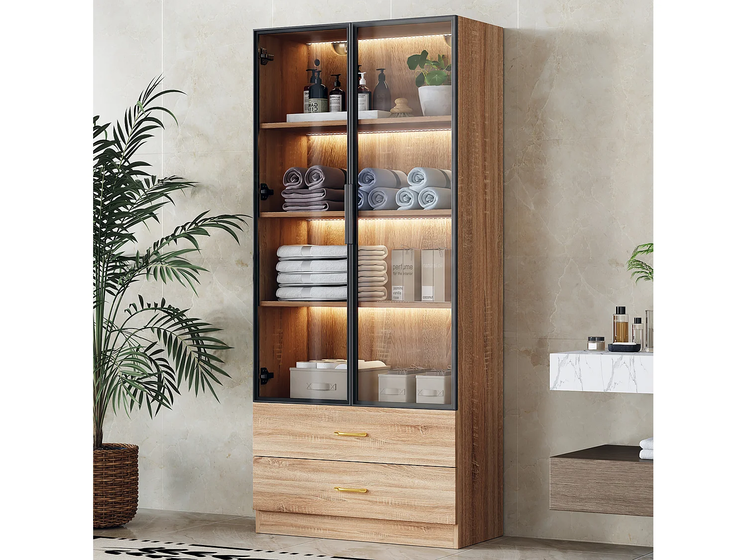 Vitrine、Meuble de salle de bain avec LED - 2 tiroirs et 2 portes vitrées - Naturel