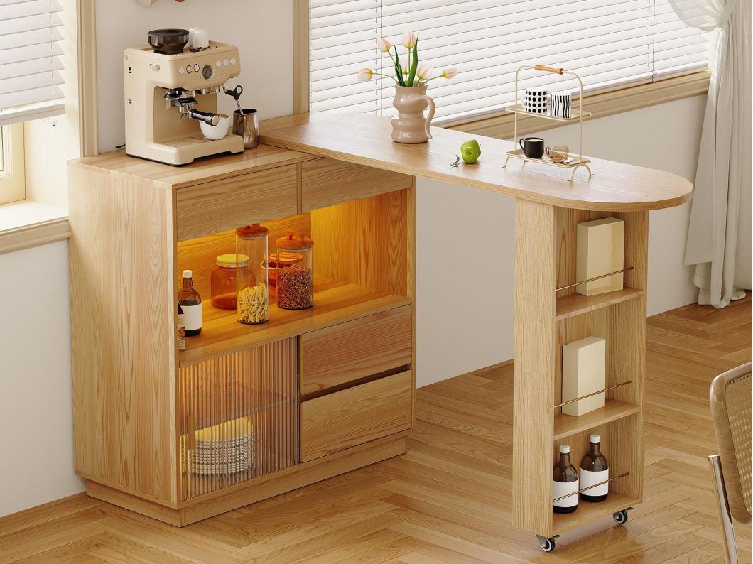 Escritório de canto com armário de arrumação - Tampo de mesa giratório e retrátil - com LED - Natural