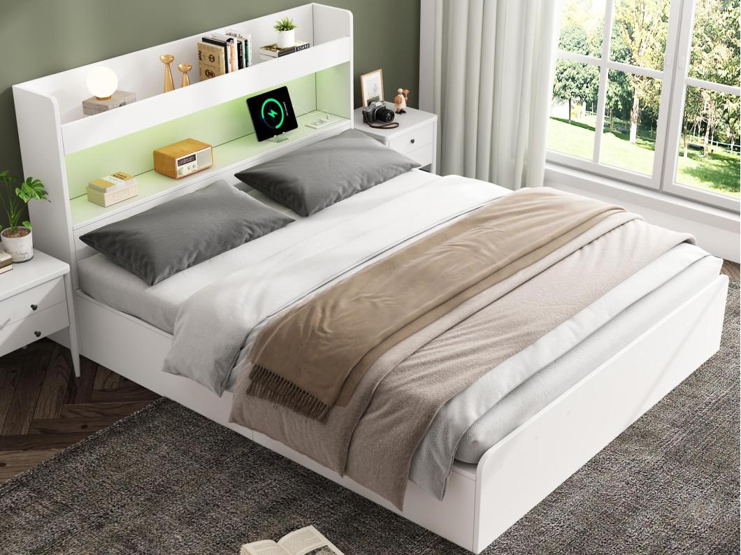 Lit double 140 x 200 cm - avec port USB + éclairage LED - avec rangement - MDF - blanc (matelas non inclus)