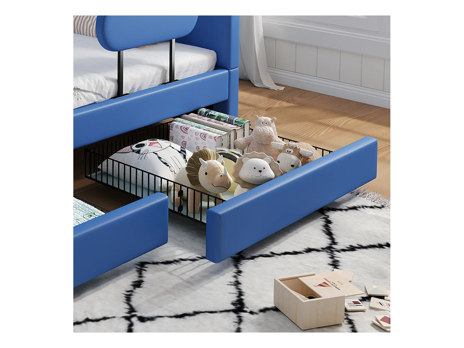 Kinderbett 90x200 cm - mit 2 Schubladen - Gestaltung in Walform - PU+MDF+Sperrholz - blau (ohne Matratze)