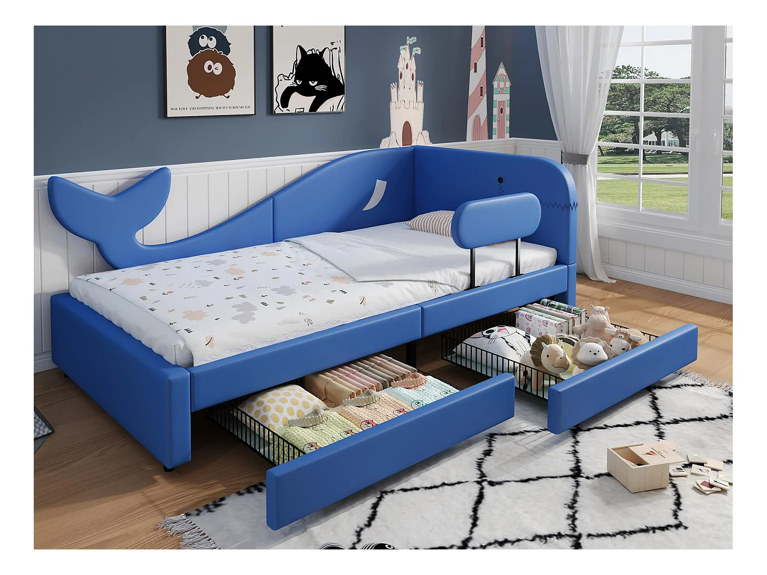Lit enfant 90x200cm - avec 2 tiroirs - Conception en forme de baleine - PU+MDF+contreplaqué - bleu (sans matelas)