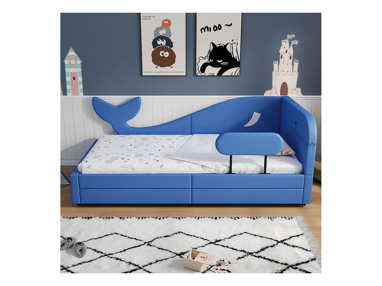 Lit enfant 90x200cm - avec 2 tiroirs - Conception en forme de baleine - PU+MDF+contreplaqué - bleu (sans matelas)