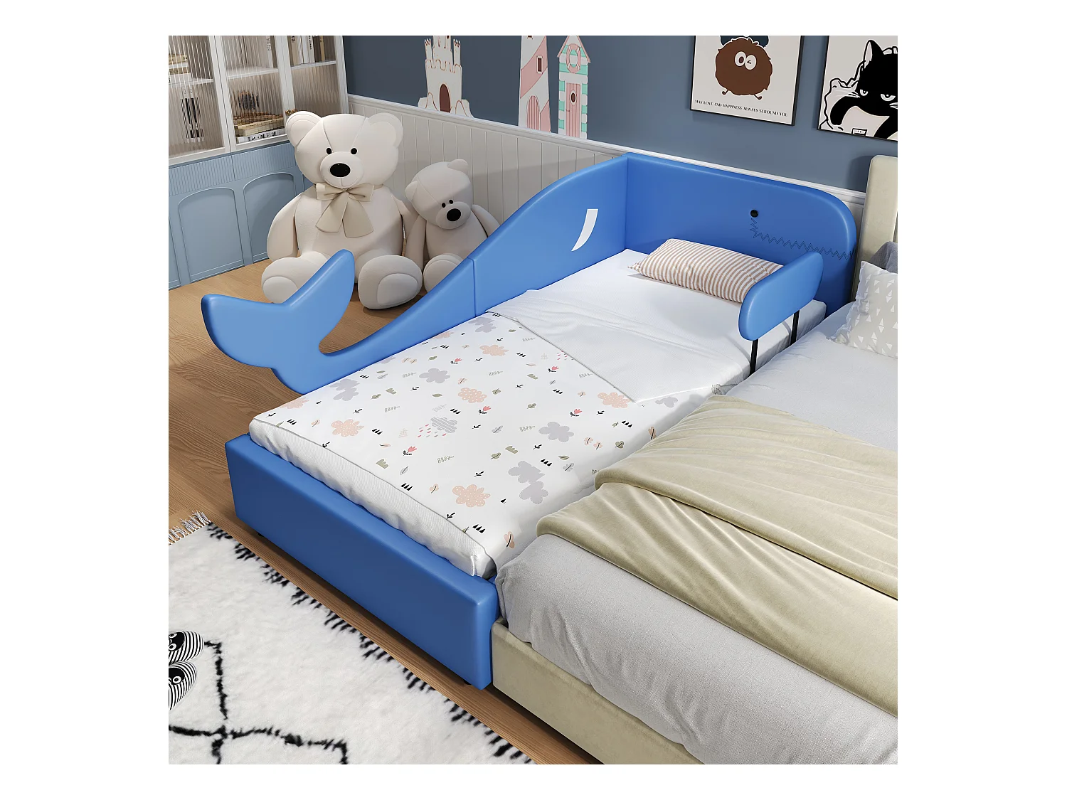 Lit enfant 90x200cm - avec 2 tiroirs - Conception en forme de baleine - PU+MDF+contreplaqué - bleu (sans matelas)