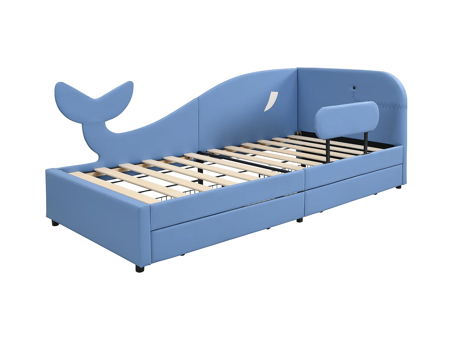 Lit enfant 90x200cm - avec 2 tiroirs - Conception en forme de baleine - PU+MDF+contreplaqué - bleu (sans matelas)