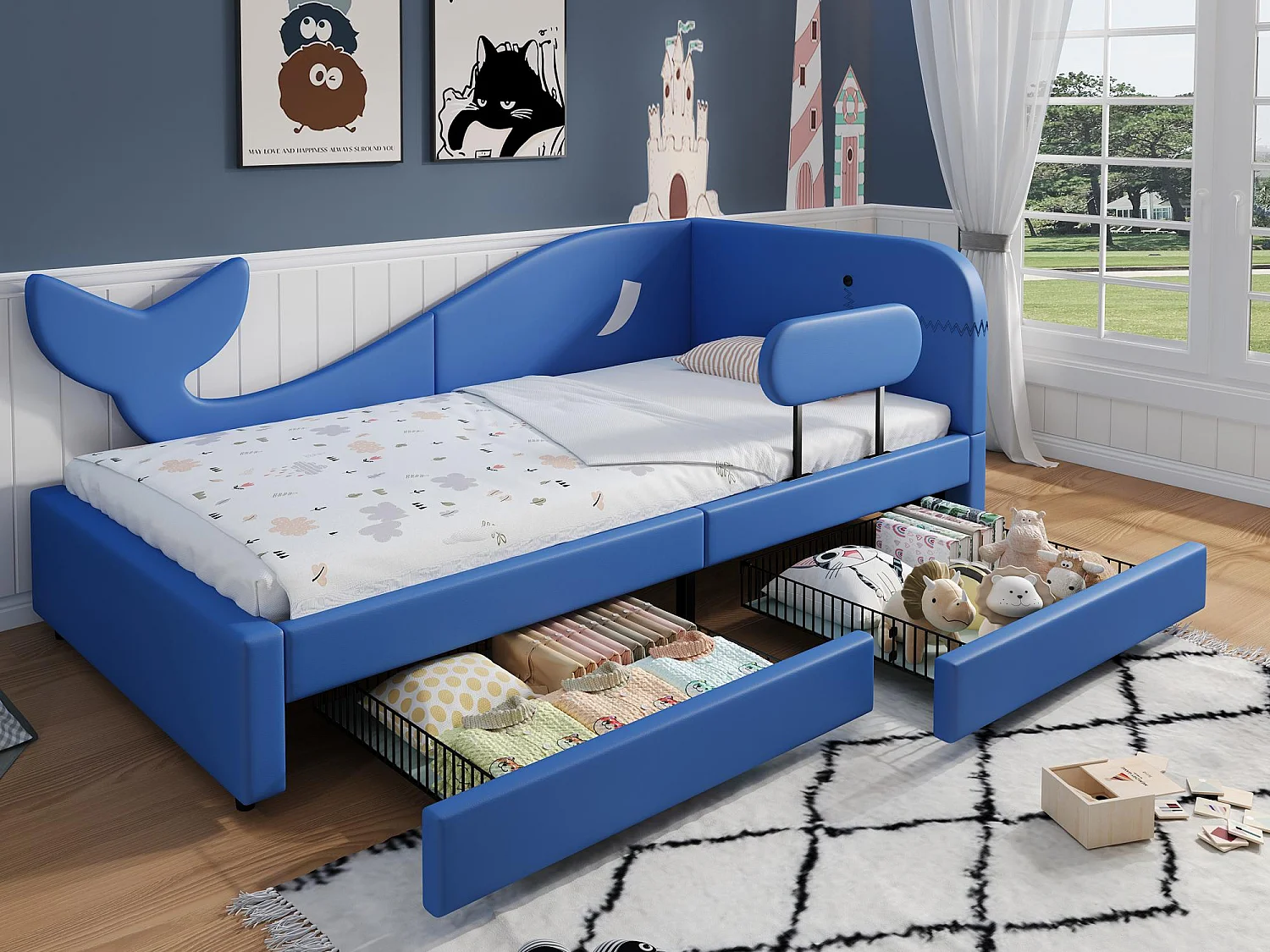 Kinderbed 90x200 cm - met 2 lades - Ontwerp in walvorm - PU+MDF+ multiplex - blauw (zonder matras)