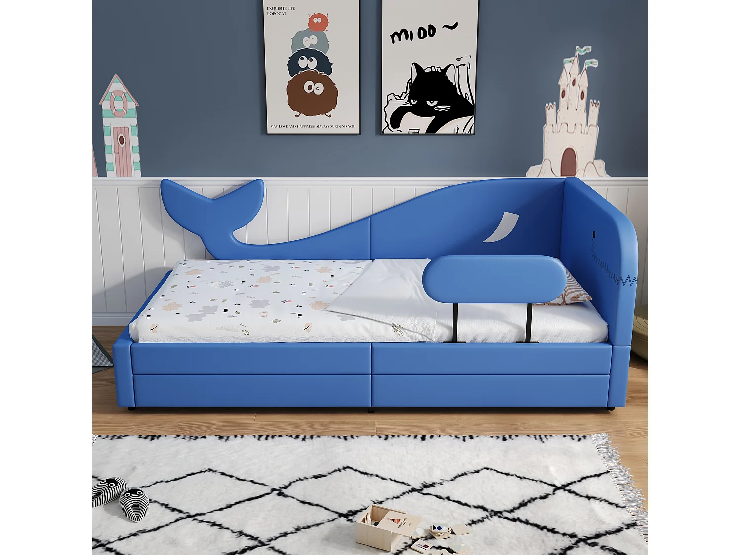 Kinderbed 90x200 cm - met 2 lades - Ontwerp in walvorm - PU+MDF+ multiplex - blauw (zonder matras)
