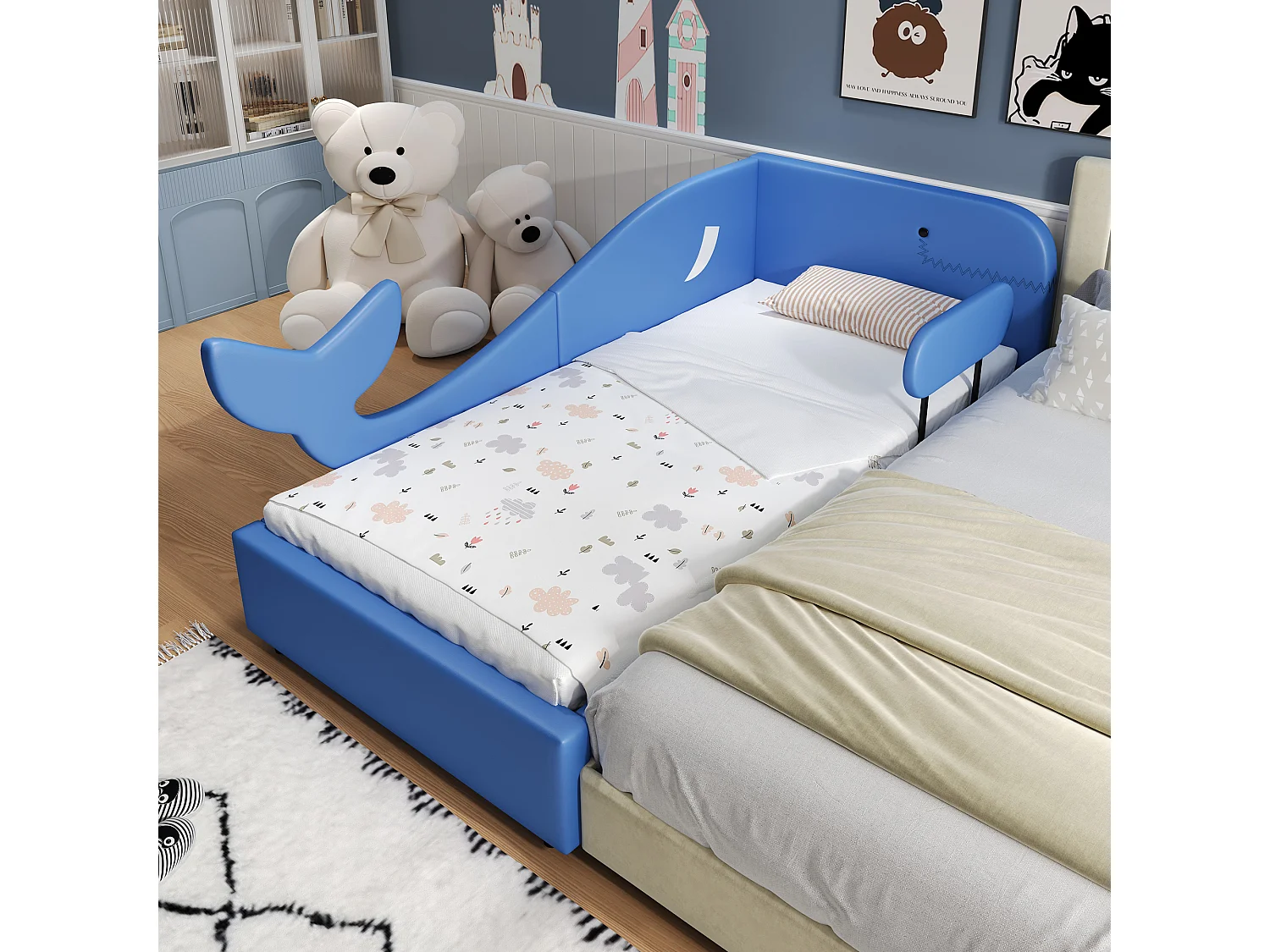 Kinderbed 90x200 cm - met 2 lades - Ontwerp in walvorm - PU+MDF+ multiplex - blauw (zonder matras)