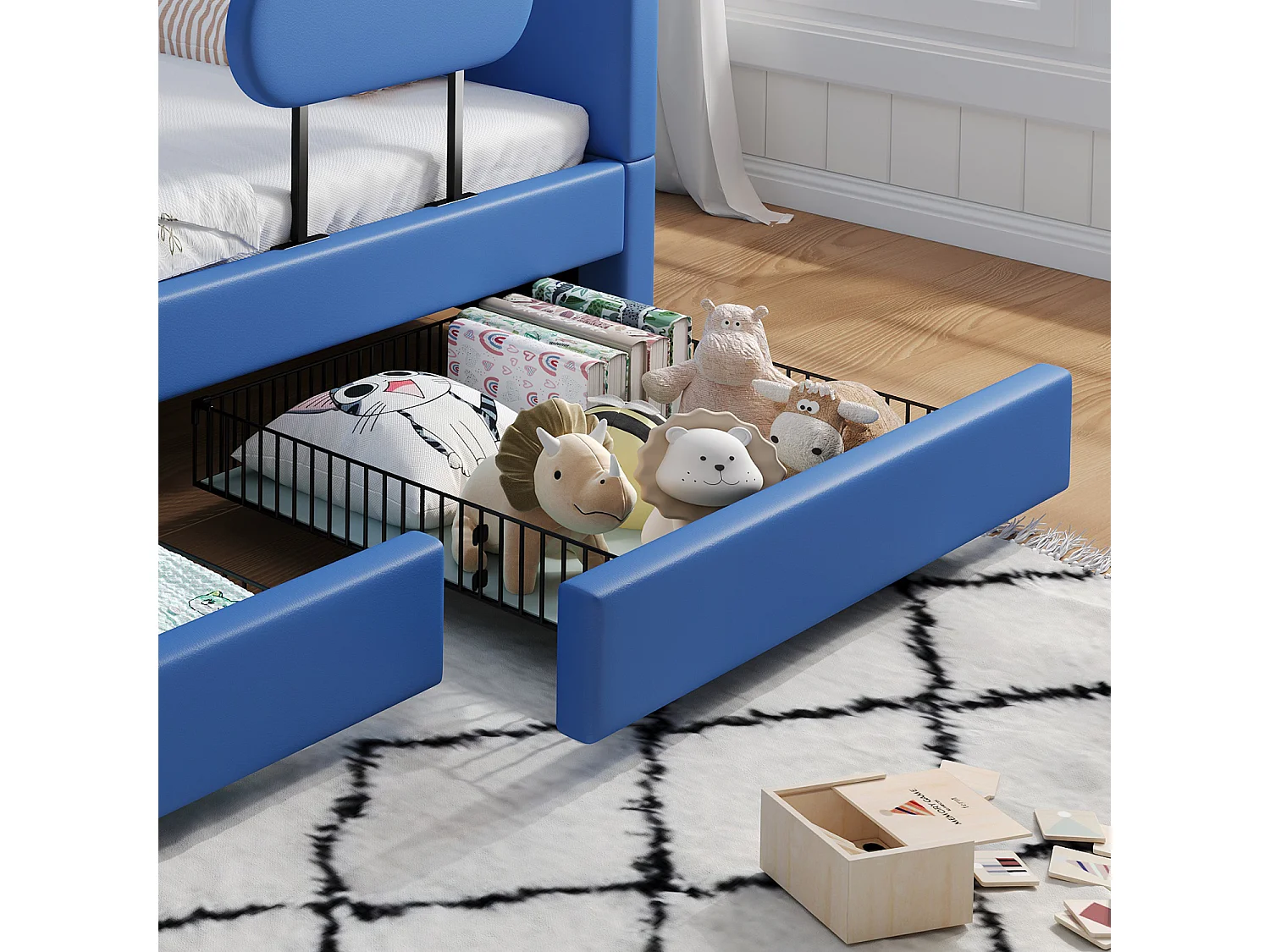 Kinderbed 90x200 cm - met 2 lades - Ontwerp in walvorm - PU+MDF+ multiplex - blauw (zonder matras)